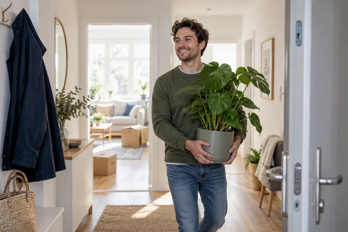 Mann trägt eine grüne Pflanze in eine helle Wohnung