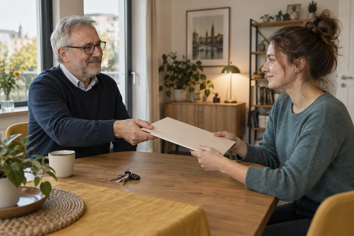 Zwei Personen übergeben eine Dokumentenmappe an einem Tisch mit Schlüsseln