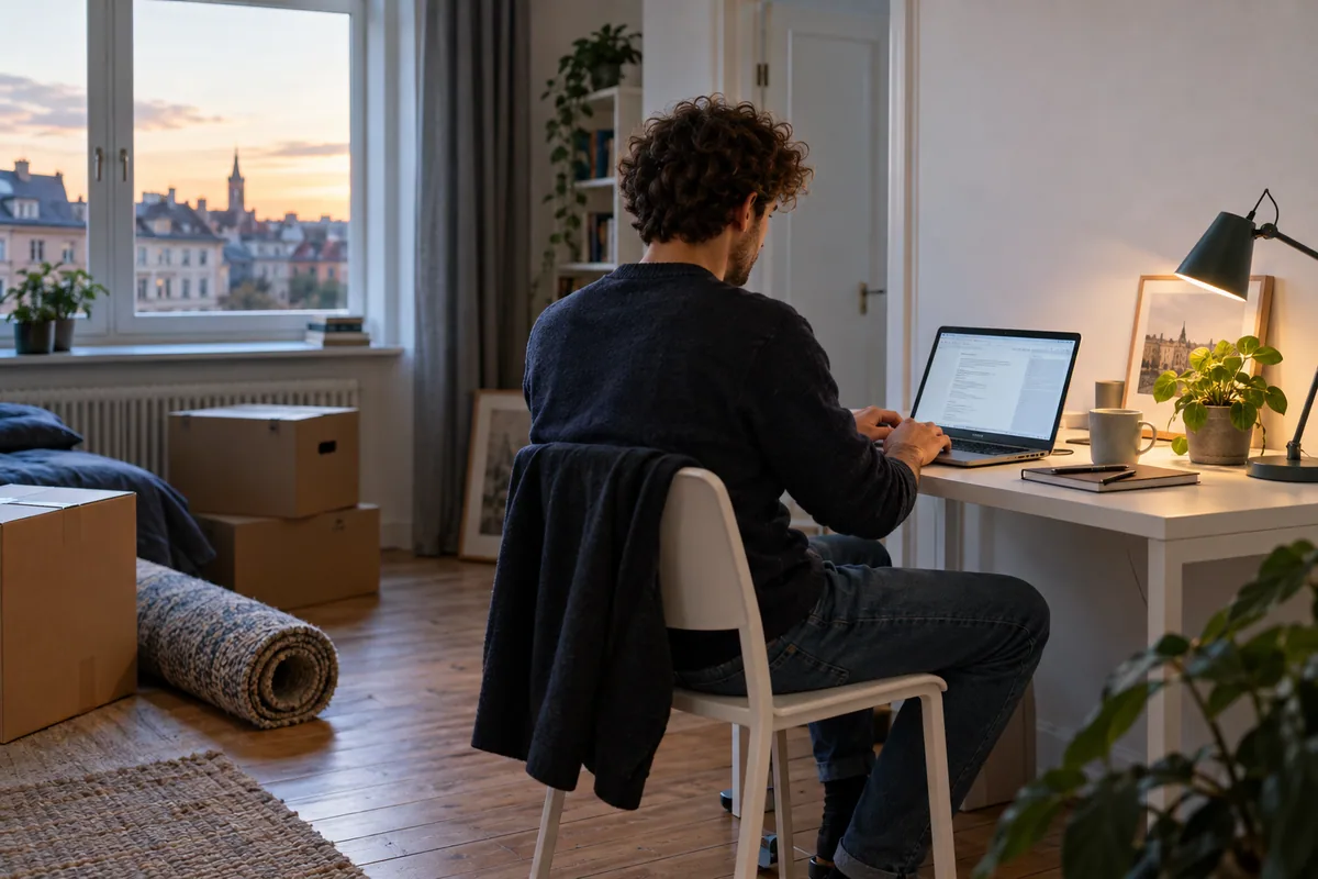 Mieter nutzt einen Laptop zwischen Umzugskartons