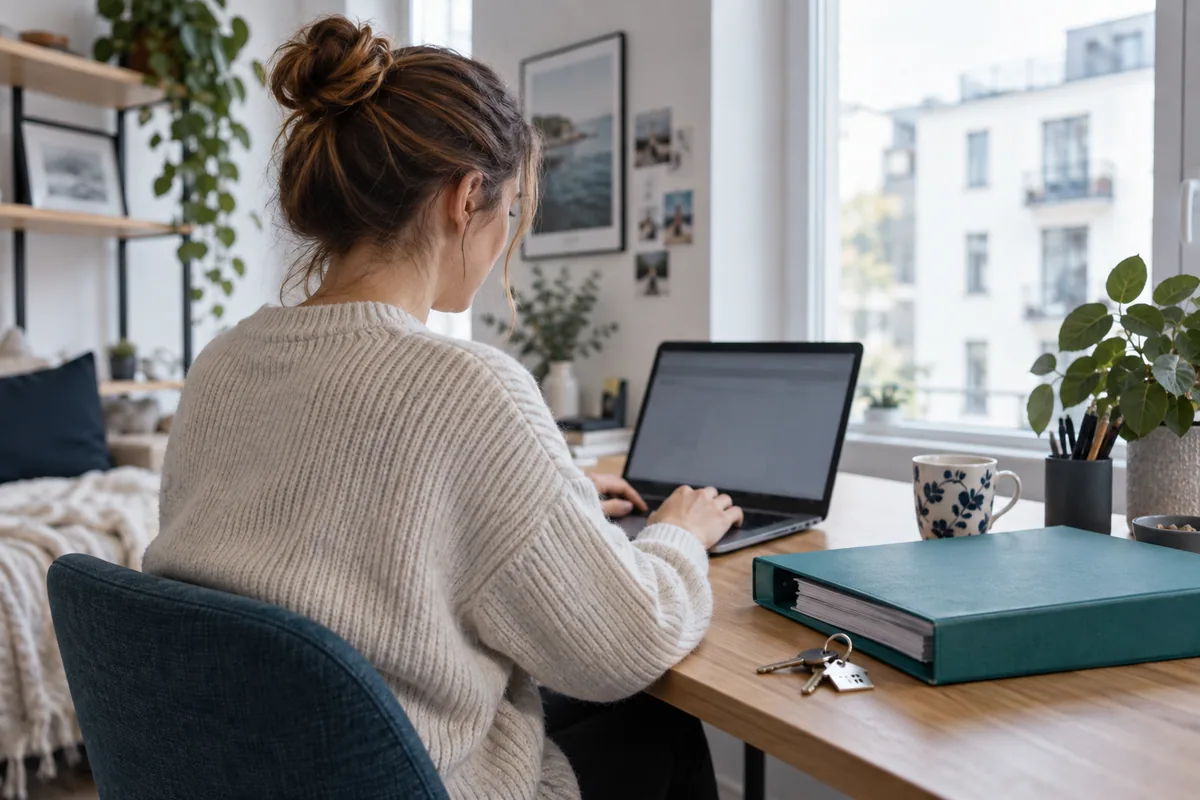 Frau sitzt am Laptop neben einem Ordner und Wohnungsschlüsseln