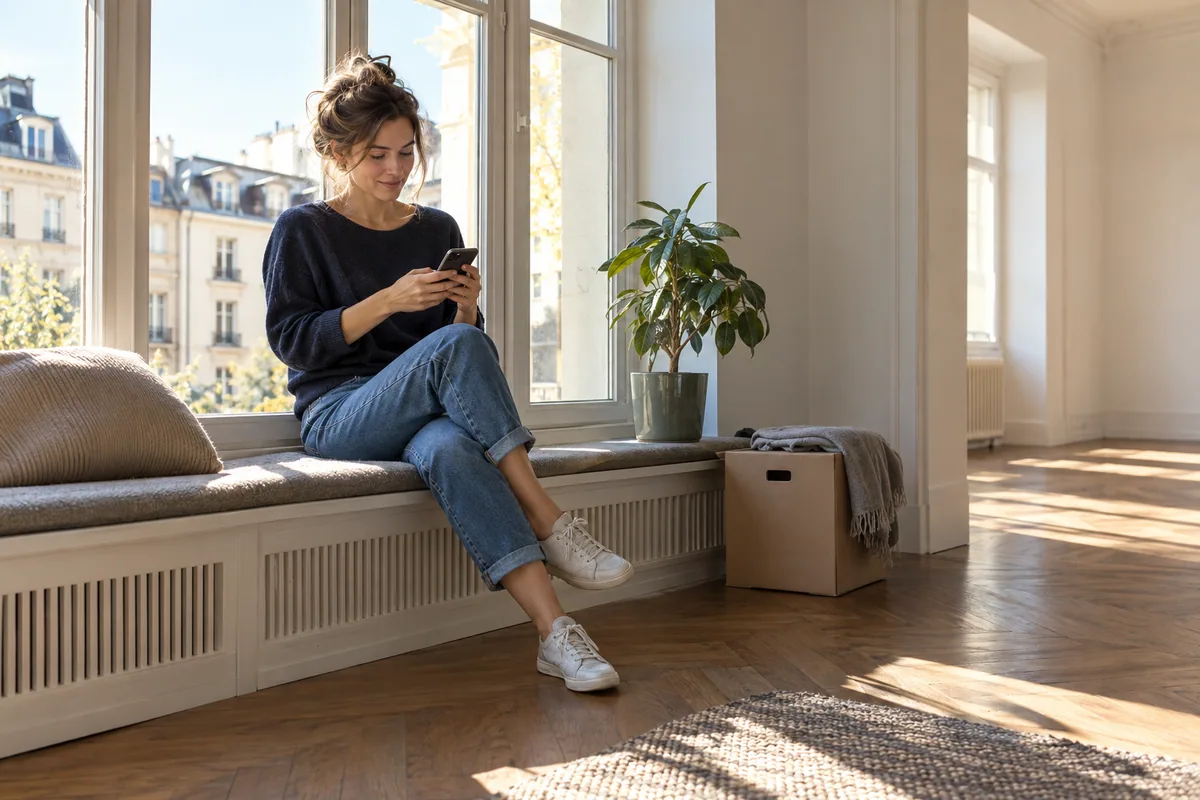 Frau nutzt ihr Smartphone in einer noch wenig eingerichteten Wohnung