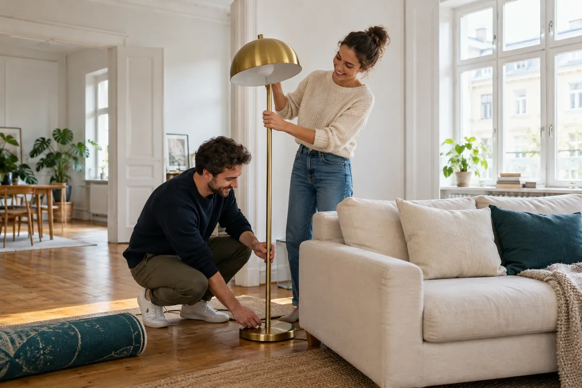Paar richtet mit einer Stehlampe und einem Teppich seine Wohnung ein