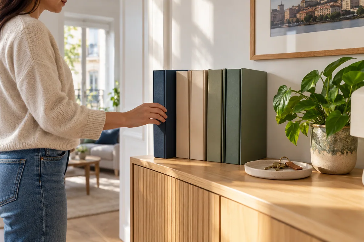 Ordner und Wohnungsschlüssel auf einem Sideboard