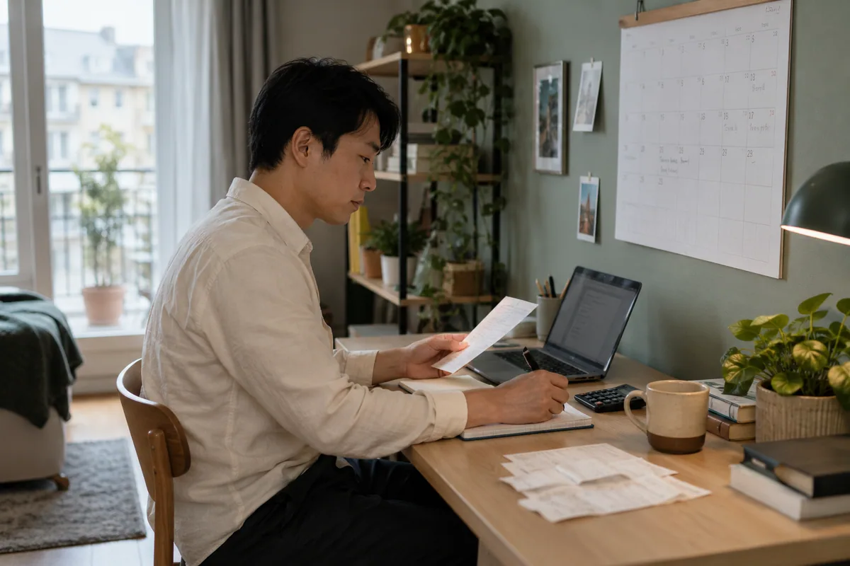 Person plant Zahlungen mit Laptop und Papierkalender