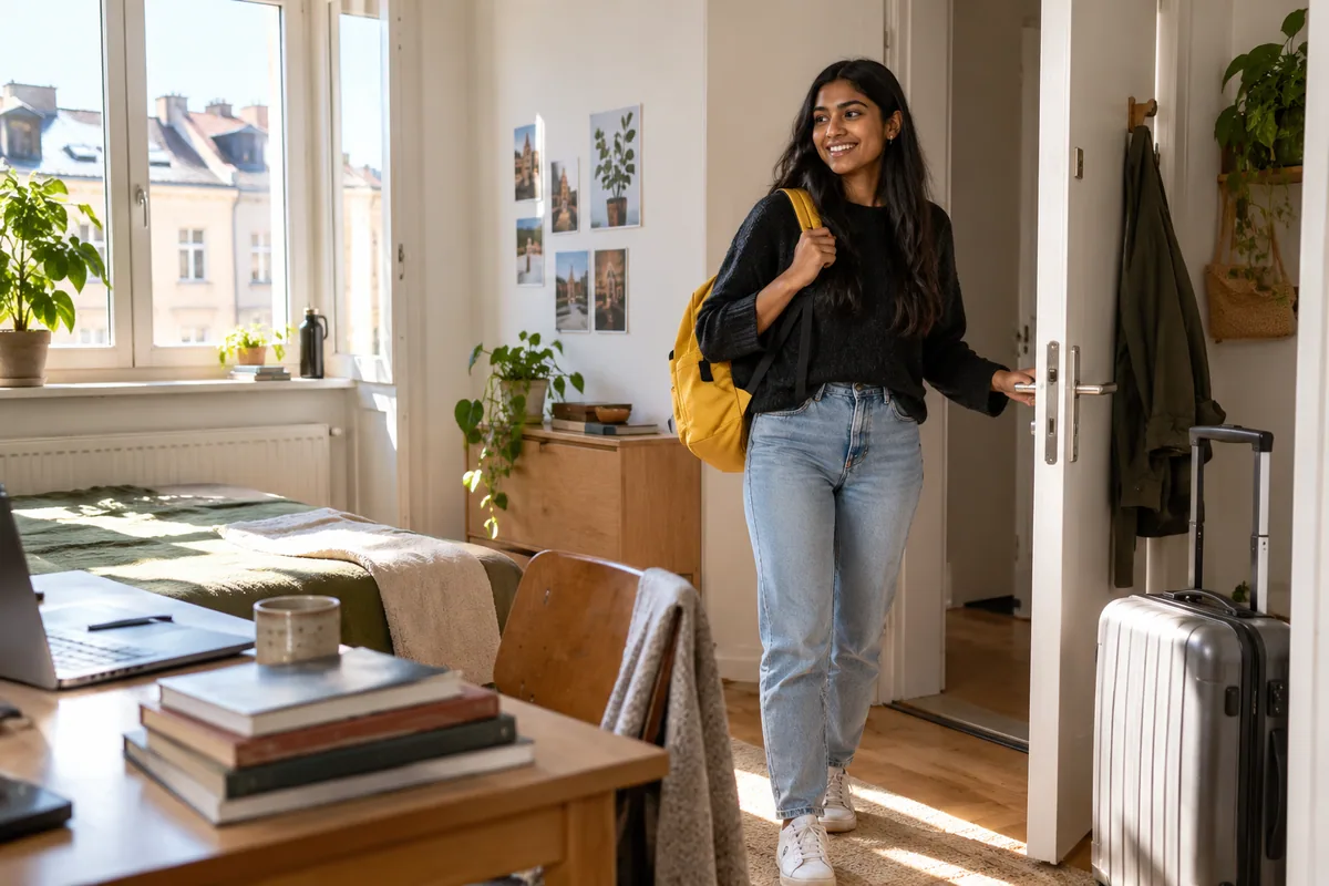 Studentin trägt einen Rucksack in ihr neues Zimmer