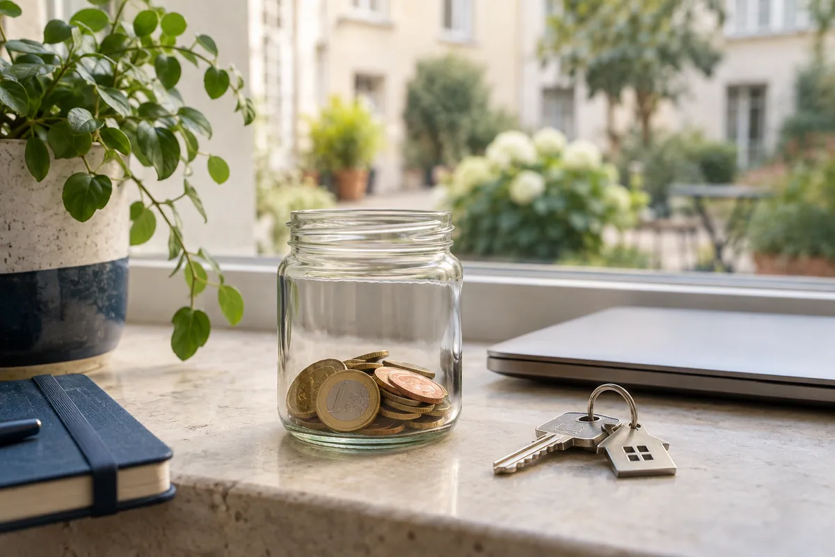 Glas mit Münzen neben einem geschlossenen Laptop und Wohnungsschlüssel