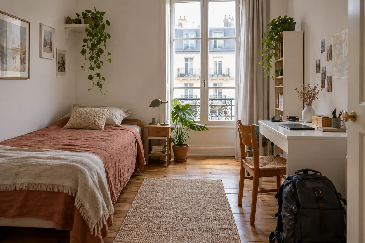 Helles möbliertes Zimmer mit Bett, Schreibtisch und gepackter Tasche