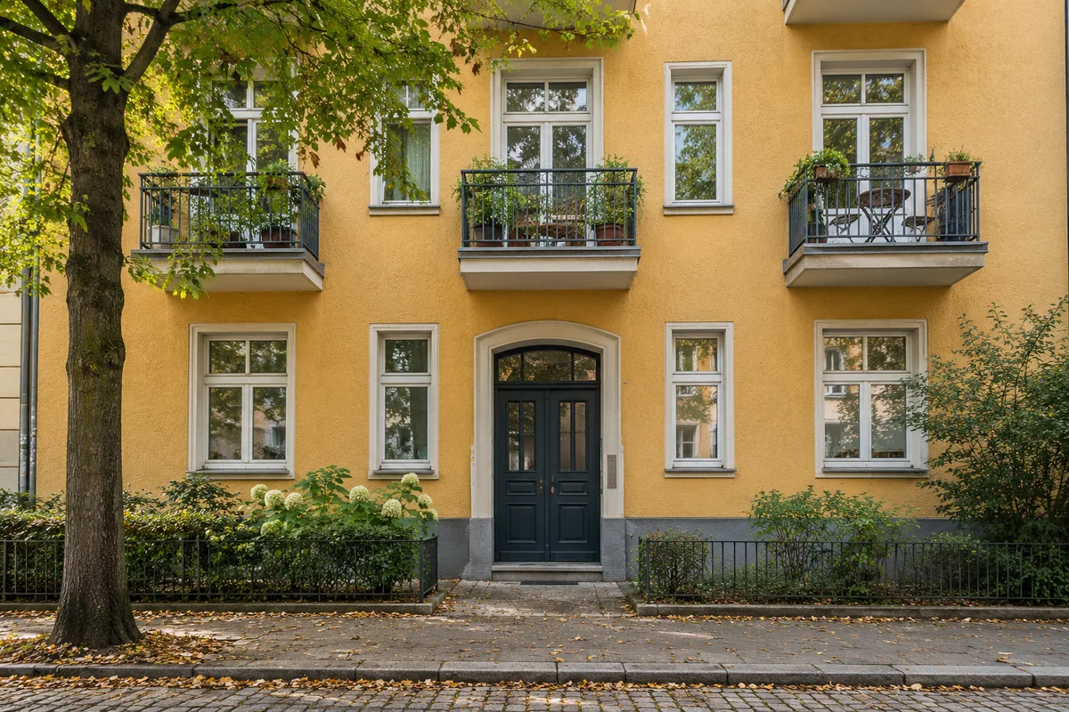 Fassade eines gepflegten Mehrfamilienhauses mit Eingangstür