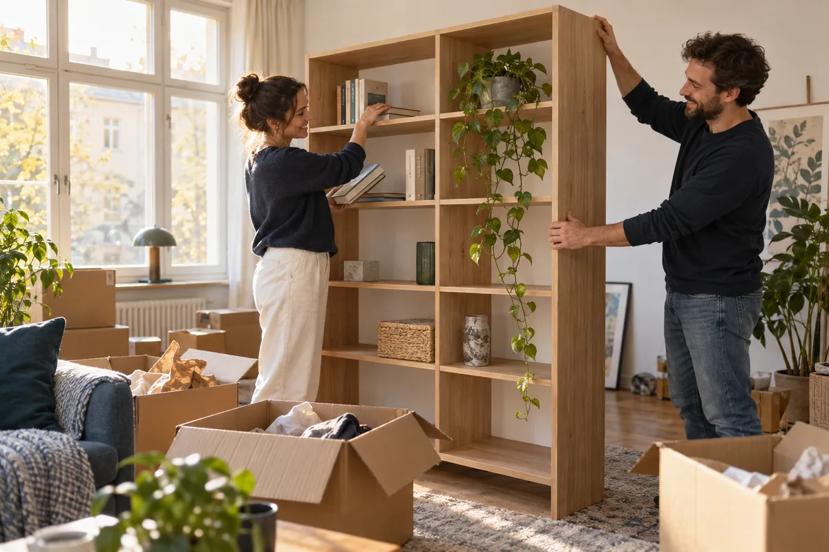 Paar stellt gemeinsam ein Bücherregal in einer hellen Wohnung auf