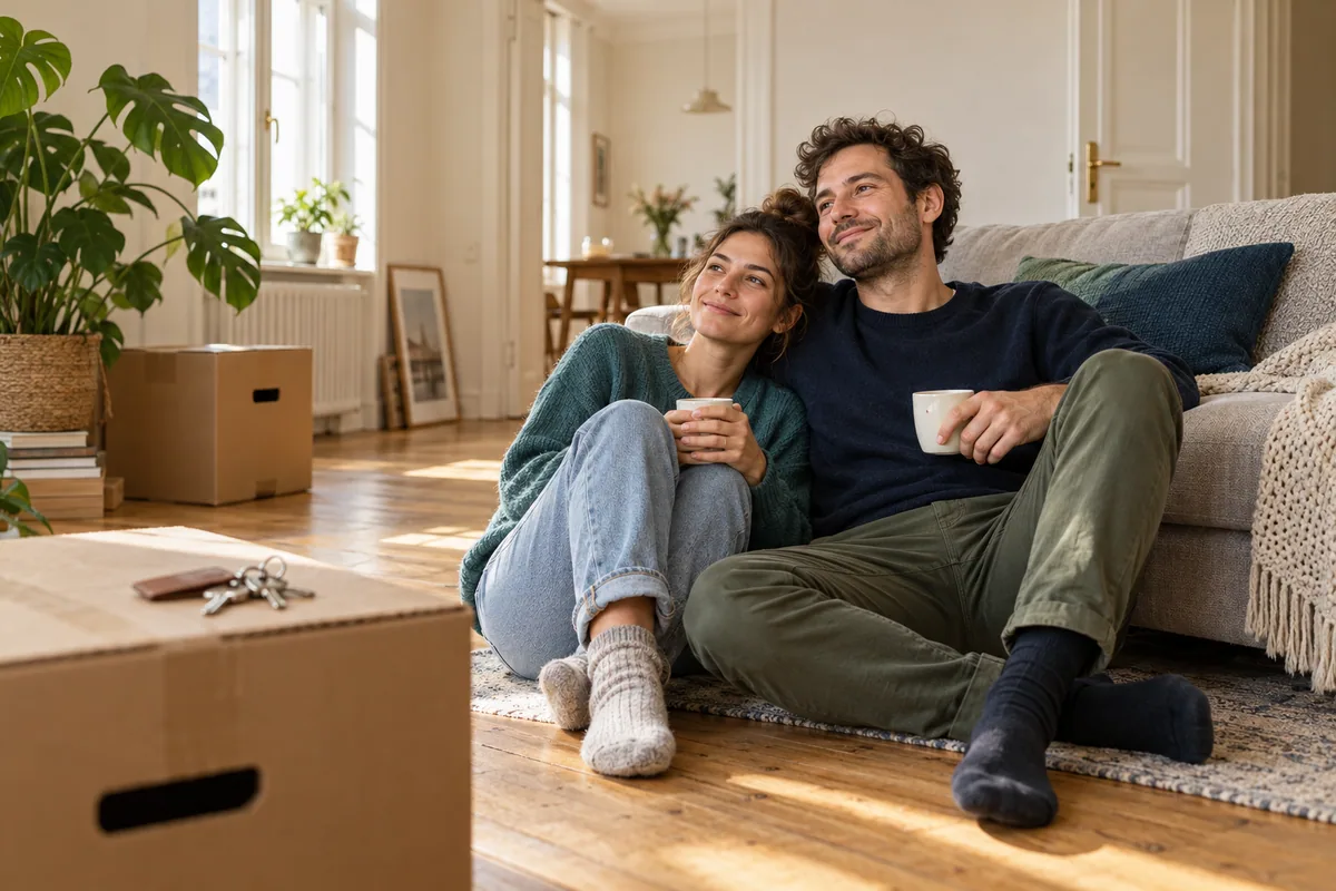 Einzug in die neue Mietwohnung Paar sitzt zwischen Umzugskartons auf dem Boden seiner neuen Wohnung