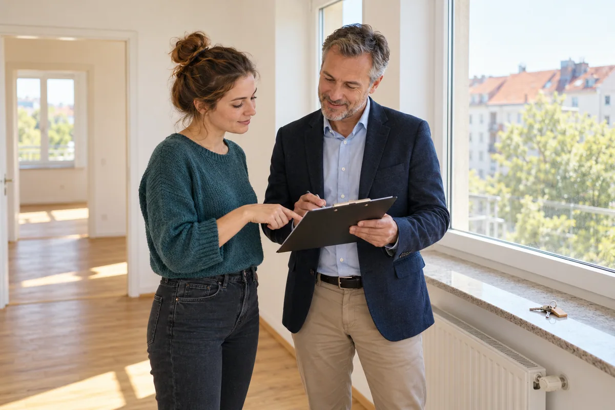 Mieterin und Vermieter prüfen bei der Wohnungsübergabe ein Protokoll